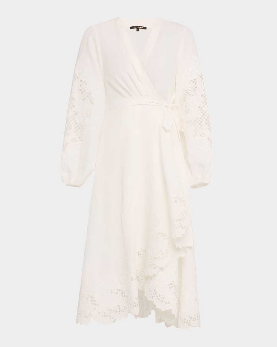 Sigal Embroidered Lace-Inset Midi Wrap Dress